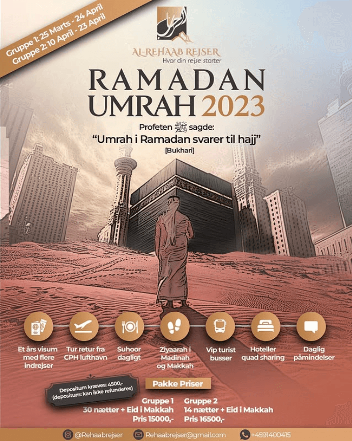 ❌❌UDSOLGT❌❌Ramadan Umrah tur med @Rehaabrejser Har du nogenside haft den store ønske, eller lyst om at besøge vores elsket profet ﷺ hjem, nemlig Makkah og Madinah, der hvor hele kernen af vores Deen stammer fra, der hvor Abu bakr og Omar (ra), kæmpede side om side med profeten ﷺ for den ene grund det var at beskytte og videregive islam til folket i Makkah og madinah.Den mulighed kan vi i @Rehaabrejser, gøre til en mulighed for netop dig. Det eneste du skal gøre er at betale et hvis beløb, og så arrangerer vi hele rejsen for dig med fly, hotel, vip busser osv og den bedste mulige oplevelse der er muligt.